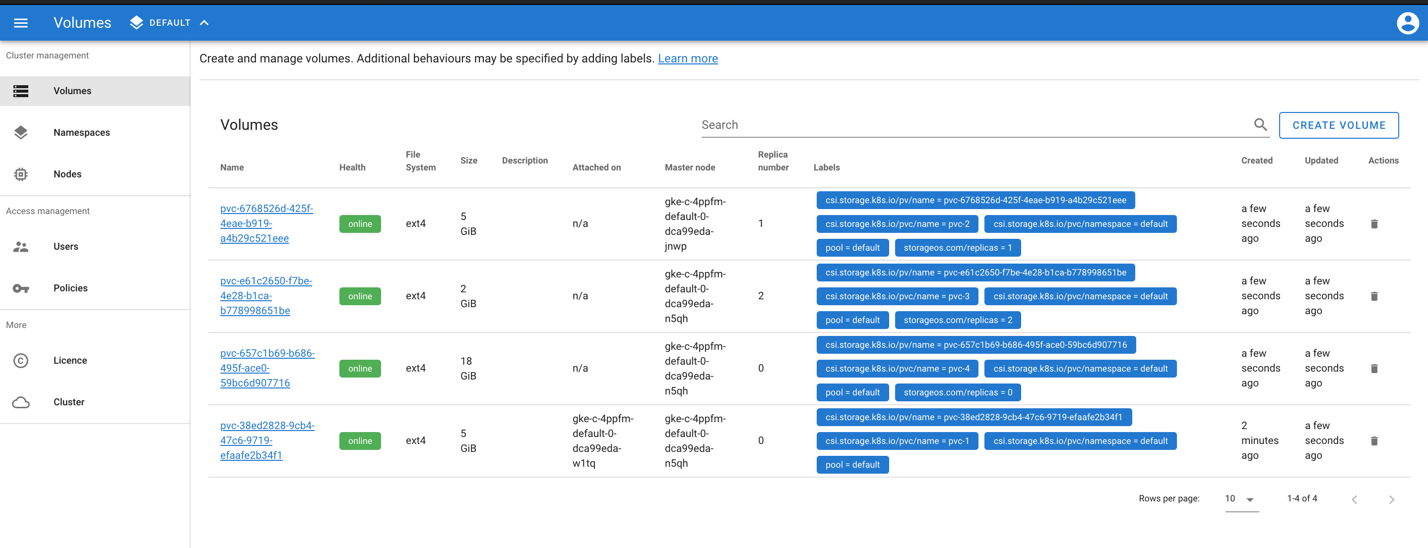 Viewing storage volumes